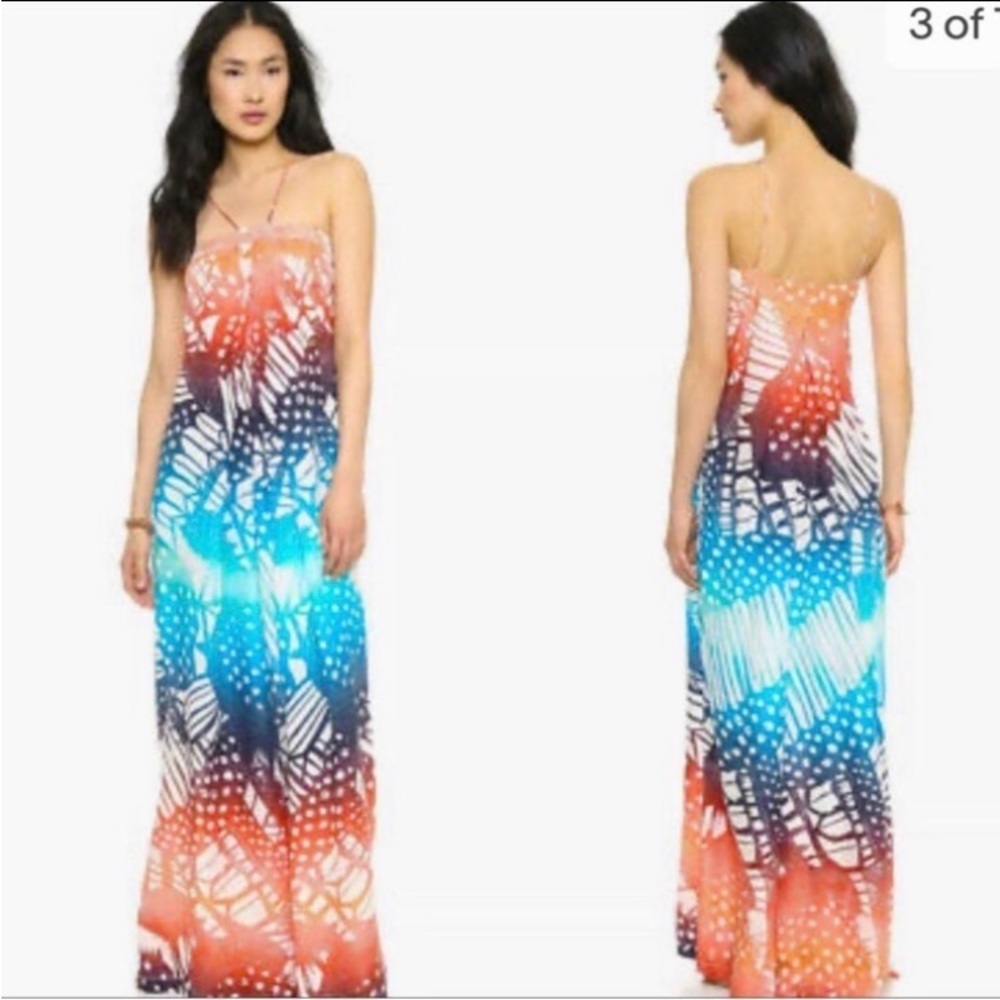 DVF Diane Von Furstenberg Annie Printed April Oasis Ombré Coral Silk Maxi Dress.